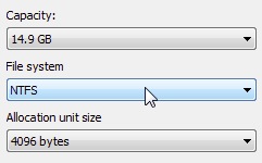 Selezione del file system NTFS per la formattazione