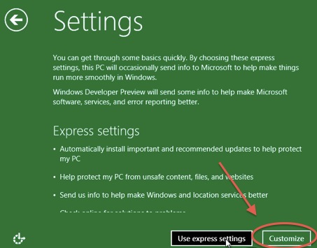 Schermata di settaggi di Windows 8