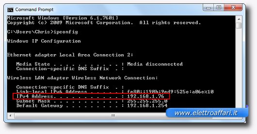 Indirizzo IP mostrato sulla finestra del Prompt dei comandi