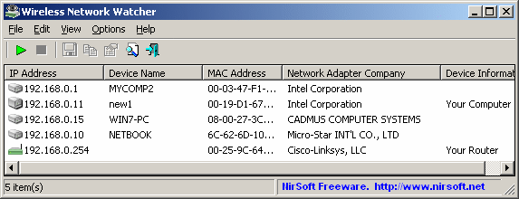 Interfaccia grafica del software Wireless Network Watcher