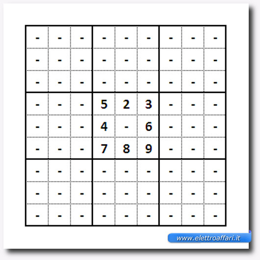 Immagine di uno schema Sudoku con una casella quasi piena