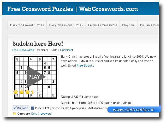 Immagine del sito WebCrosswords.com per giocare a Sudoku