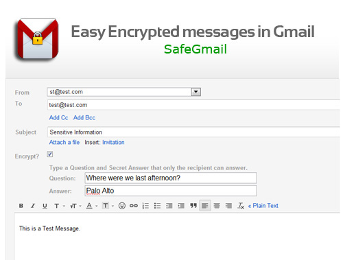 Schermata di SafeGmail per inviare email criptate