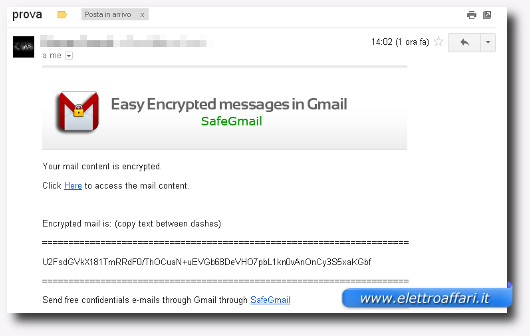 Schermata della email crittografata