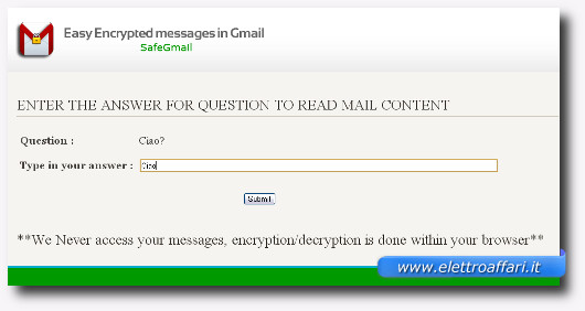 Schermata per l'inserimento della risposta alla domanda per decifrare l'email