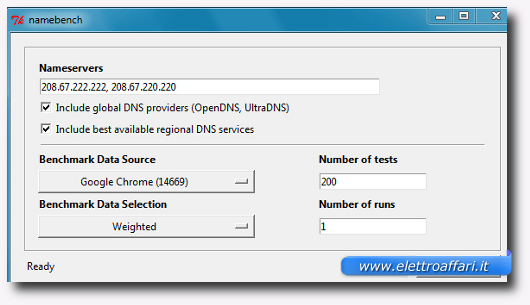 Schermata del programma NameBench per trovare i DNS più veloci