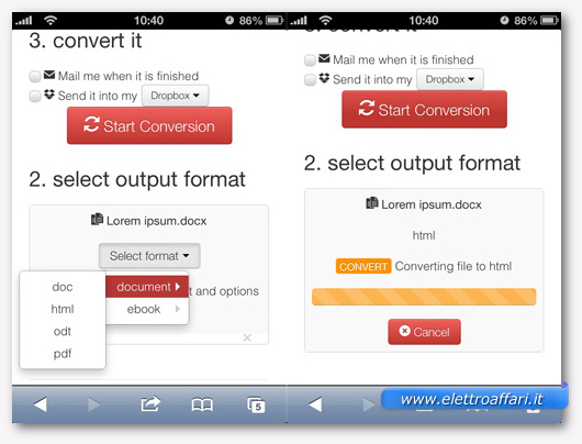 Schermate per convertire i file da smartphone