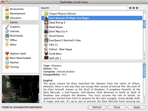 Schermata del software PlayOnMac