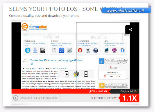 Anteprima del sito JPEGmini che mostra la differenze tra le due immagini